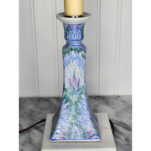 Textile Vintage Italian Ceramic Table Lamp | Chinoiserie Feather & Bok Choy Leaf Pattern | Pastel Blue Green Purple Candlestick Accent Lamp For Sale - Image 7 of 16