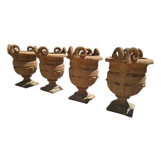 Impruneta Terracotta Urns with Faun Heads and Acanthus Leaves, Italy, 1950, Set of 4 For Sale