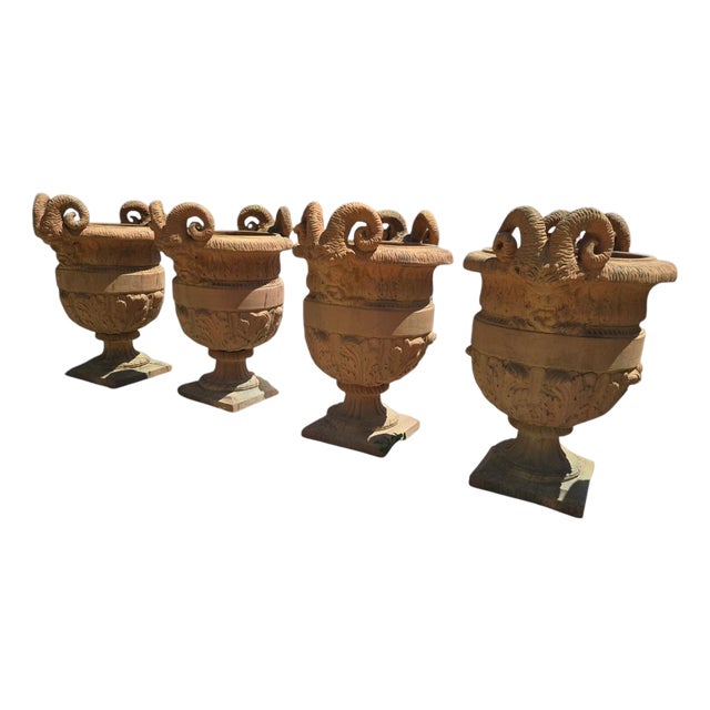 Impruneta Terracotta Urns with Faun Heads and Acanthus Leaves, Italy, 1950, Set of 4 For Sale