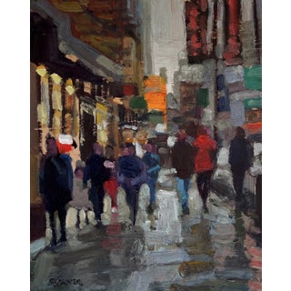 Eastside by Jim Beckner | Oil on panel City street scene with people walking in the rain. For Sale