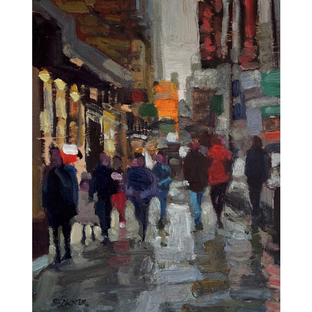 Eastside by Jim Beckner | Oil on panel City street scene with people walking in the rain. For Sale