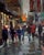 Eastside by Jim Beckner | Oil on panel City street scene with people walking in the rain. For Sale