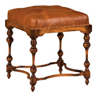 Hand Crafted Spanish Revival Ottoman in Leather and Mahogany - Early 21st Century For Sale