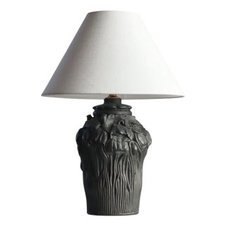 Art Nouveau Table Lamp in Black Terracotta with Poppy Decor from L. Hjort, Denmark, 1920s For Sale