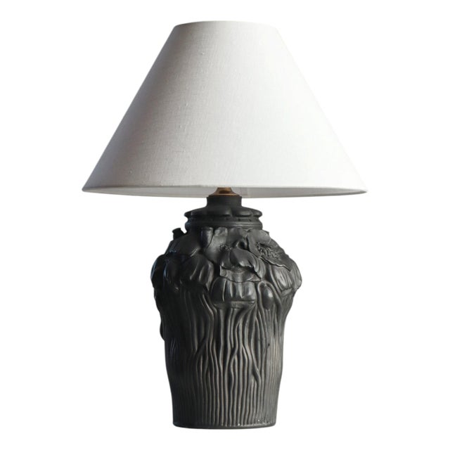Art Nouveau Table Lamp in Black Terracotta with Poppy Decor from L. Hjort, Denmark, 1920s For Sale