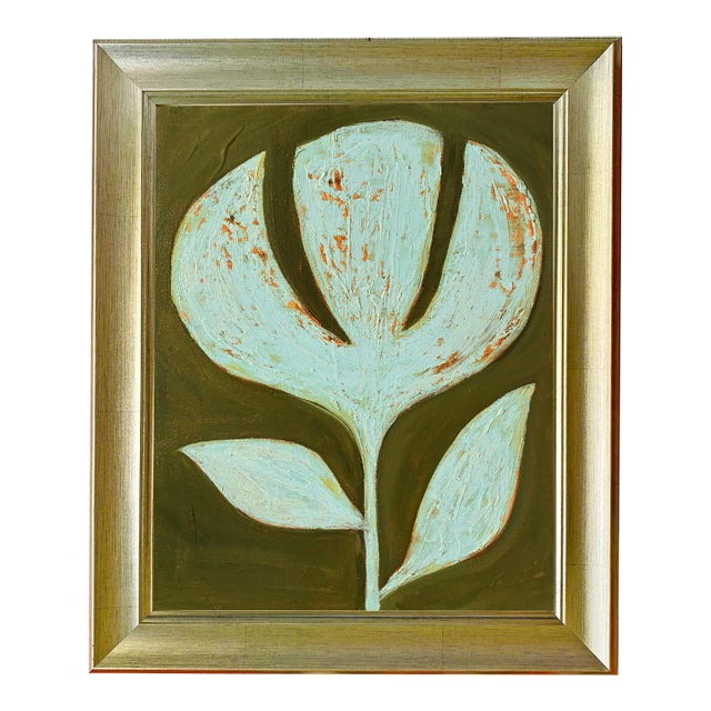 Original Framed Flower Painting, Textured Wall Art, Oil on Canvas in Gold Frame, 15x19 Minimalist Boho Home Decor For Sale