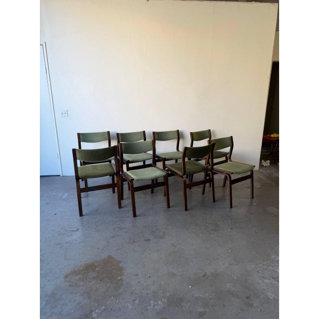 Green Set of 8 1960s Mid Century Danish Dining Chairs – Vintage Scandinavian Solid Wood Chairs With Green Upholstery For Sale - Image 8 of 9