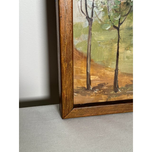 Wood Vintage Cityscape Bridge Still Life Framed Original Oil Painting, Green, Brown, Cream For Sale - Image 7 of 12