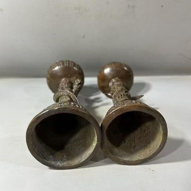 Pair of Bronze Dragon & Phoenix Candlesticks – 6.7" Figural Candle Holders For Sale - Image 9 of 9