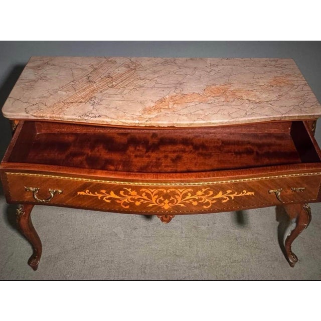 Low chest with 2 long fun ting drawers, inlaid wood pattern on the drawers, marble top & ormolu details on legs