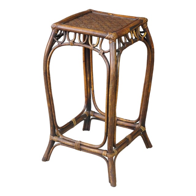 Mid-Century Modern Bentwood Woven Rattan Pedestal Table Sculpture Stand Boho 24" For Sale