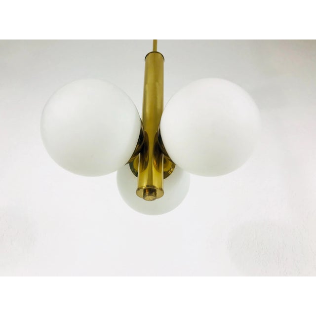 1960s Mid-Century Modern 3-Arm Opaline Glass and Brass Pendant Lamp by Kaiser, Germany For Sale - Image 6 of 10