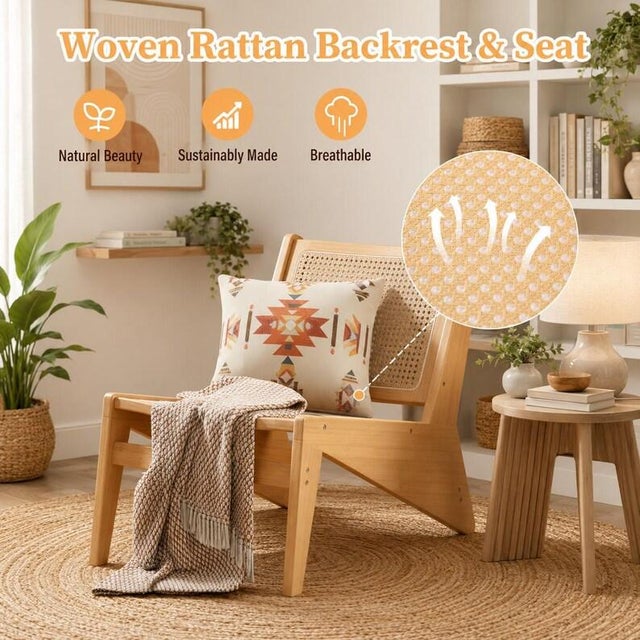 Rattan Accent Chair for Living Room, Mid Century Modern Wood Side Chair, Comfy Bamboo Armchair for Bedroom Reading Nook, Boho Home Decor For Sale - Image 9 of 10
