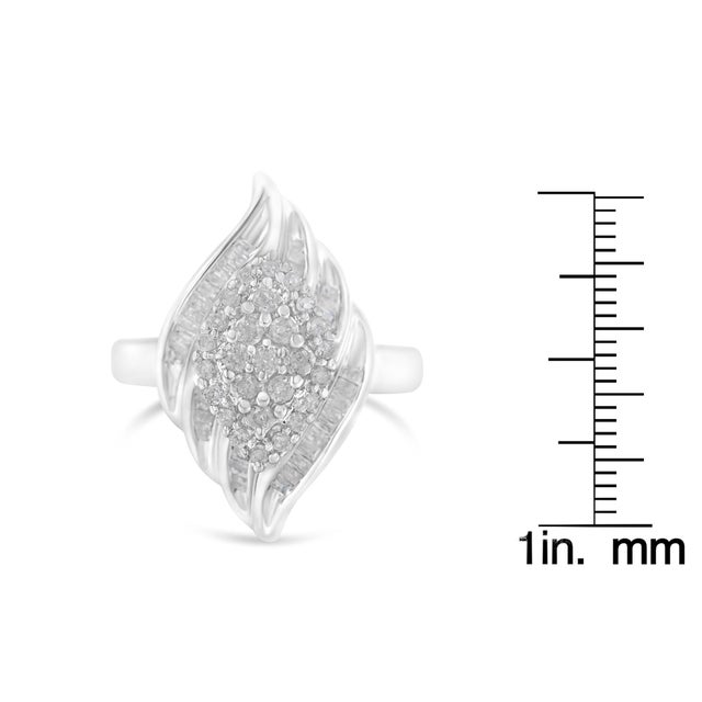 .925 Sterling Silver ¾ Cttw Round and Baguette Cut Diamond Stair-Stepped Cluster Waterfall Cocktail Ring (I-J Color, I2-I3 Clarity) - Size 7 For Sale In New York - Image 6 of 6