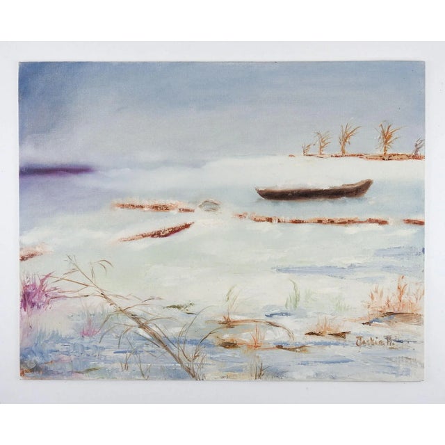 Rustic Mid 20th Century Winter Lake Painting For Sale - Image 3 of 4