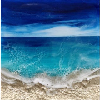 Ocean Waves #12 by Ana Hefco | Mixed Media & Resin on Wood Ocean waves crashing on a sandy shore For Sale