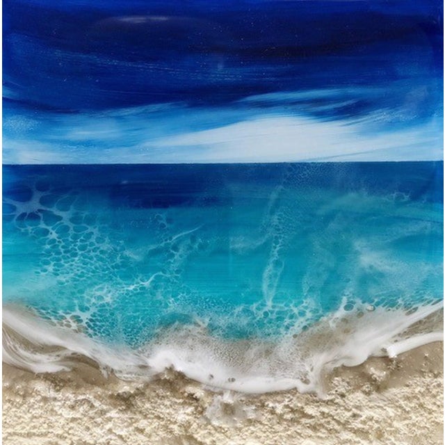 Ocean Waves #12 by Ana Hefco | Mixed Media & Resin on Wood Ocean waves crashing on a sandy shore For Sale