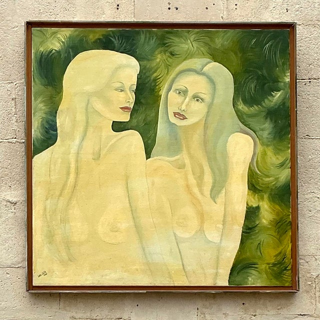 Experience the allure of bohemian art with this vintage nude figurative oil painting on canvas. The original piece, rich...