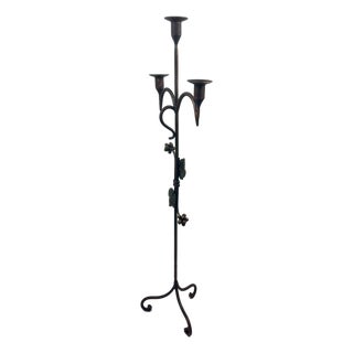 Hand Forged Iron Floor Candelabra 48.5″ (123cm) Antique Copper Patina 3-Arm Balanced Scroll Candle Holder Rustic Decor For Sale