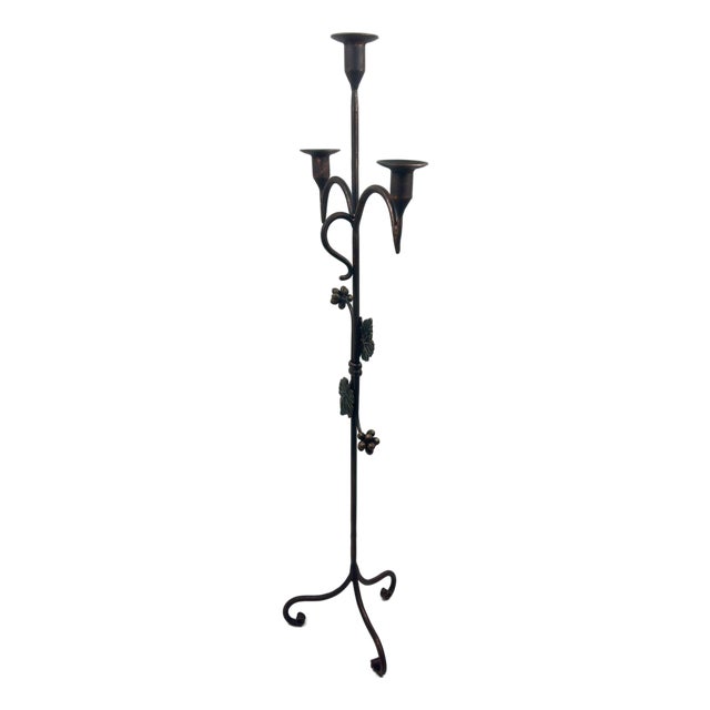 Hand Forged Iron Floor Candelabra 48.5″ (123cm) Antique Copper Patina 3-Arm Balanced Scroll Candle Holder Rustic Decor For Sale