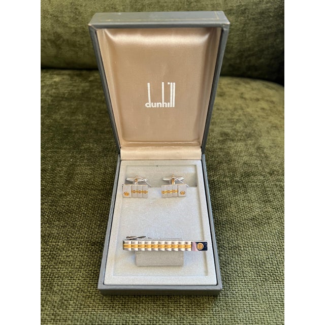 1970s Rare Vintage Dunhill Cufflinks & Tie Clip Gold Plated, Steel With Original Case For Sale - Image 5 of 8