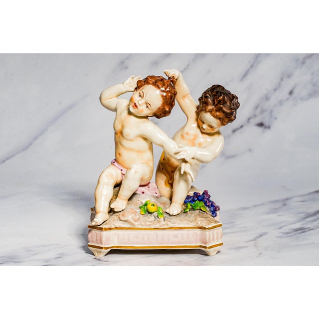 Pair Hand Painted Italian Porcelain Cherubs Antique Capodimonte Putti Figurines Sculpture Statue Old World Home Decor For Sale - Image 10 of 18