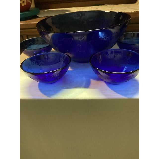 Art Deco Vintage Cobalt Blue Cherry Blossom Servings Set of 5 Pieces by Jeannette Glass For Sale - Image 3 of 7