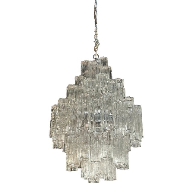 Vintage 1970s Large Murano Tronchi Venini Glass Chrome 5 Tier Chandelier For Sale