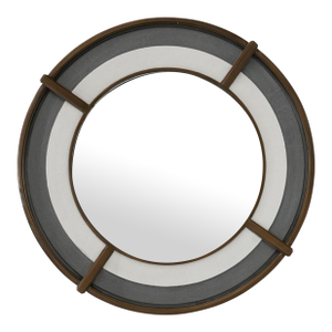 Nautical Gabby Round Wall Mirror Faux Shagreen in Gray and White, Teakwood