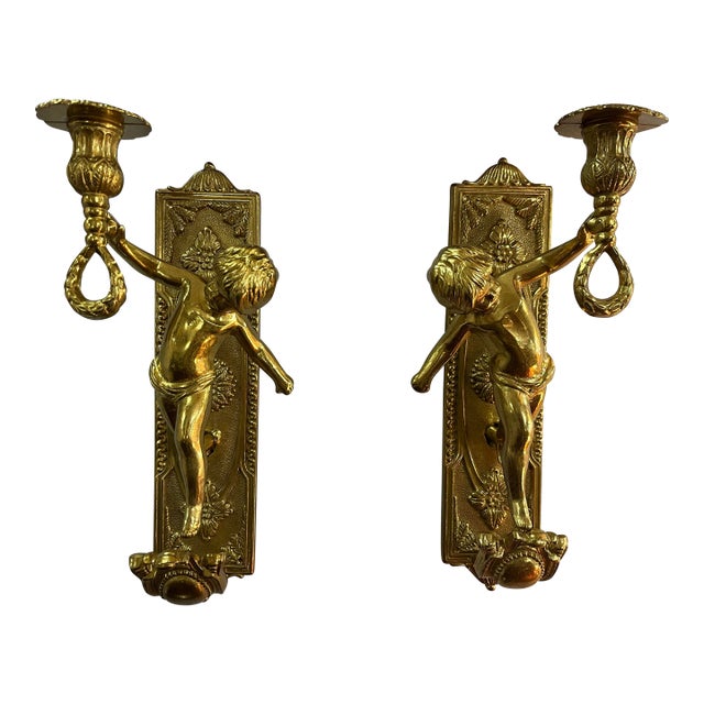 Vintage Pair of Italian Solid Brass Cherub Wall Sconce For Sale