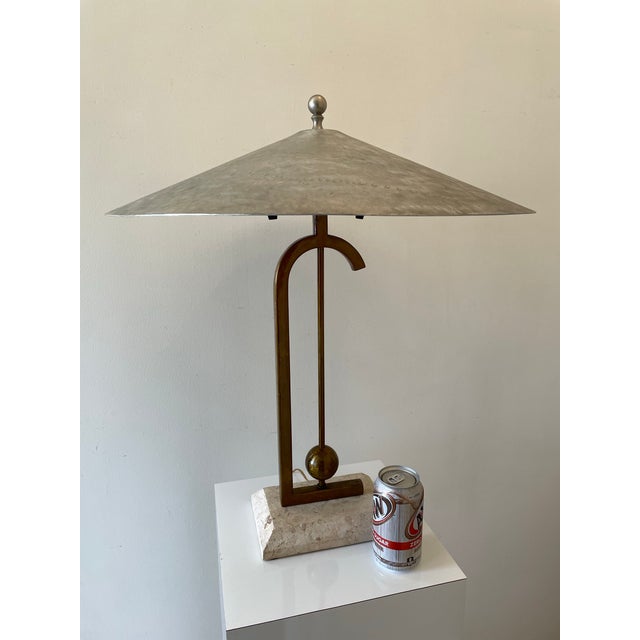 Mid-Century Modern Vintage 1970s Modernist Geometric Sculptural Table Lamp With Travertine Base. For Sale - Image 3 of 10