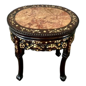 Chinese Rosewood and Mother-of-Pearl Inlaid Marble Top Plant Stand