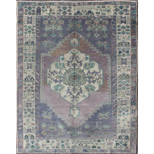 Textile Purple and Teal Vintage Turkish Oushak Rug With Floral Layered Medallion Design For Sale - Image 7 of 7