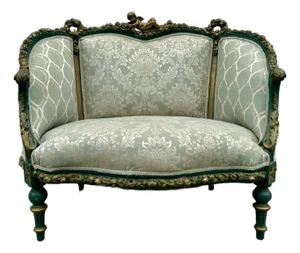 Sofa Blue Upholstery & Ornate Carvings Baroque Style