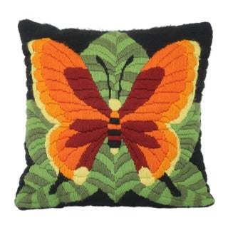 Butterfly Yarn Crewel Embroidery Needlework Pillow, 1970's For Sale