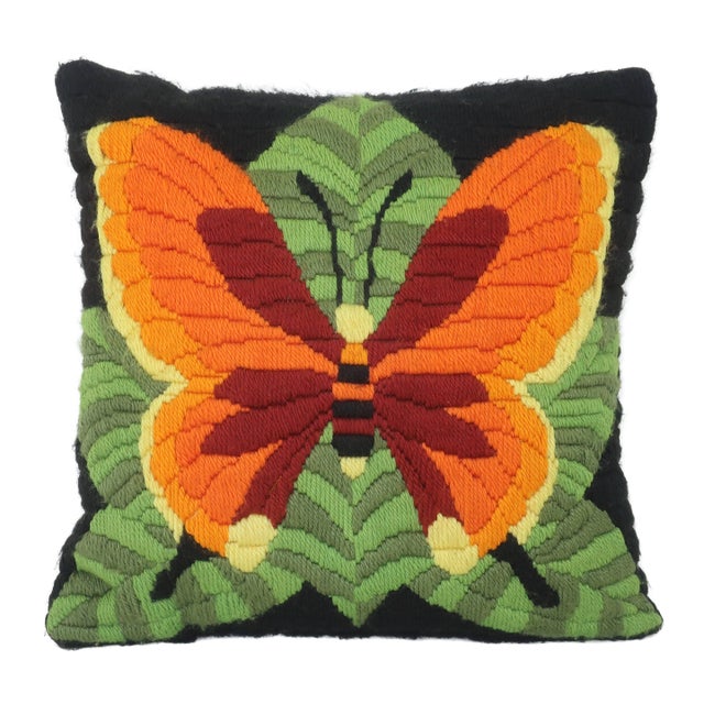 Butterfly Yarn Crewel Embroidery Needlework Pillow, 1970's For Sale