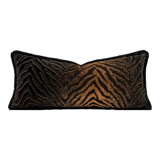 Black and Gold Tiger Pattern, Velvet-Like Feather Filling Lumbar Pillow For Sale