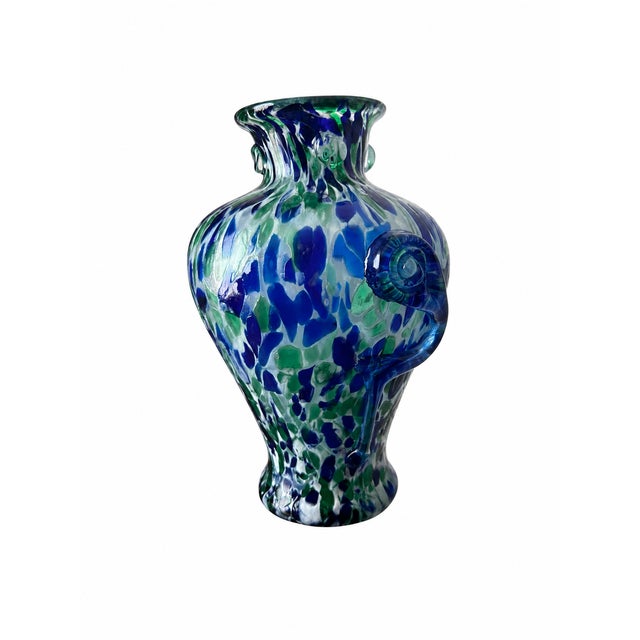 Blue and Green Spatter Art Glass Vase With Cobalt Scroll Handles For Sale - Image 4 of 15