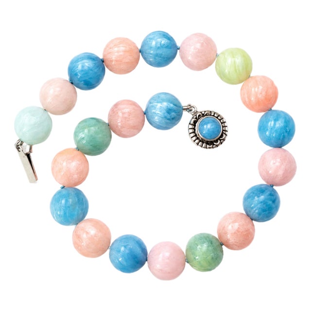 Carved Aquamarine Morganite Necklace With Sterling Silver Aquamarine Clasp For Sale