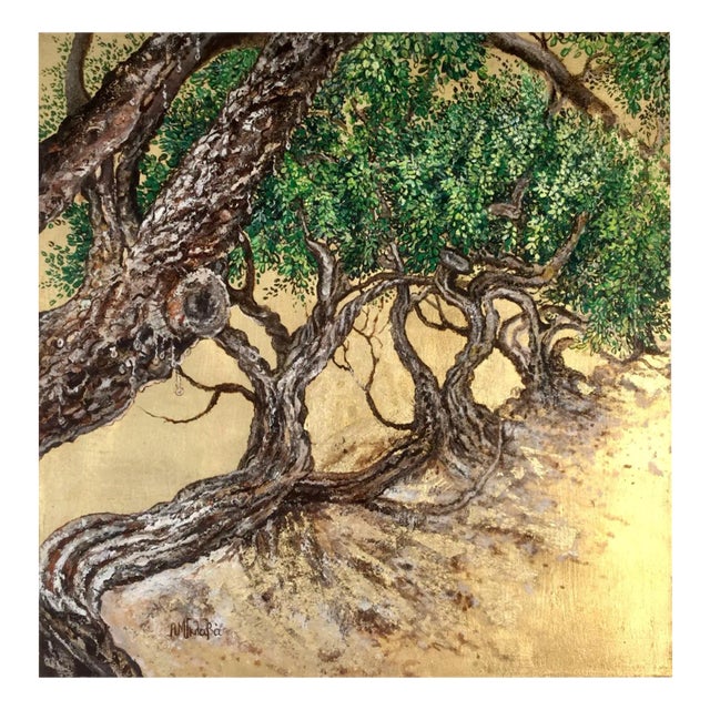 Anastasia Gklava, Mastic Trees Embrace, Oil & Gold Leaf Painting, 2021 For Sale