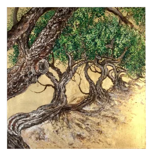 Anastasia Gklava, Mastic Trees Embrace, Oil & Gold Leaf Painting, 2021