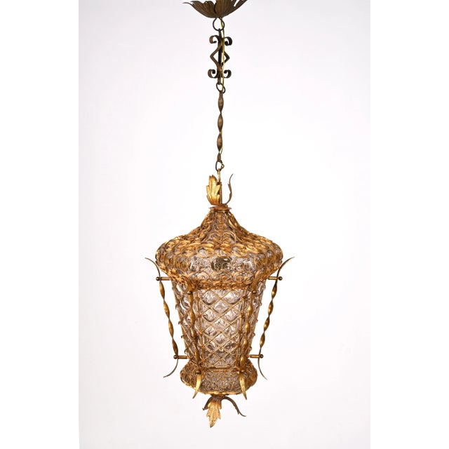 Mid-Century Venetian Mouth-Blown Glass Lantern in Gold Painted Metal Frame, 1940s For Sale - Image 8 of 18