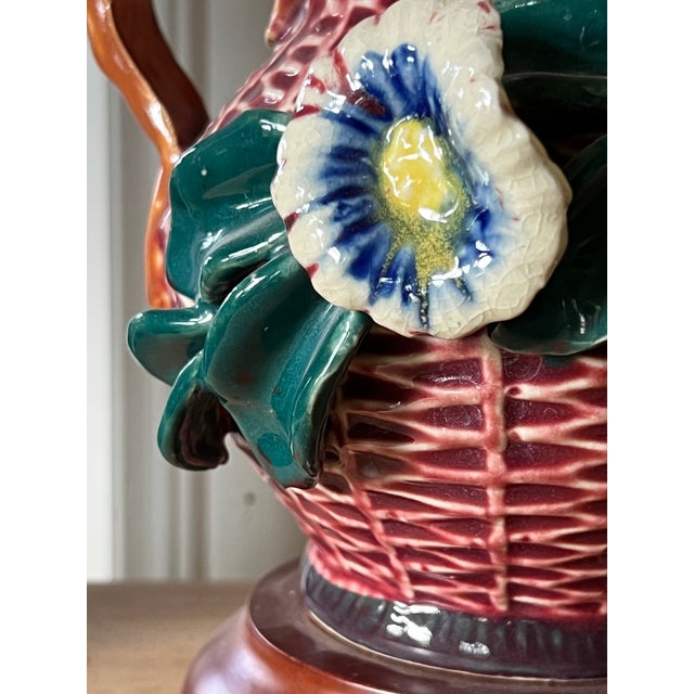 Shabby Chic Vintage Barbotine Table Lamp With Wicker Shade For Sale - Image 3 of 12