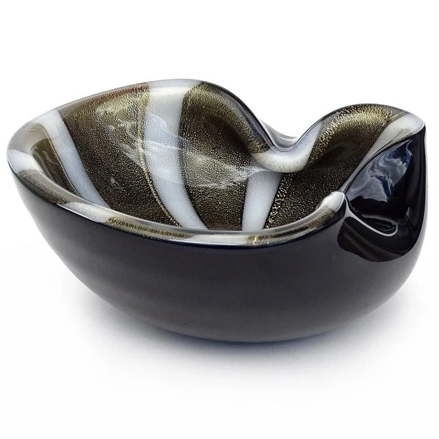 Murano Vintage Murano Alfredo Barbini Black White Gold Flecks Italian Art Glass Mid Century Bowl Ashtray For Sale - Image 4 of 6