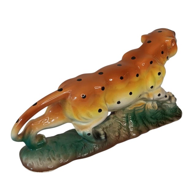 Vintage Ceramic Leopard Cheetah Statue Figurine on Green & Brown Base 12" X 3" X 6" Made in Japan For Sale - Image 4 of 17