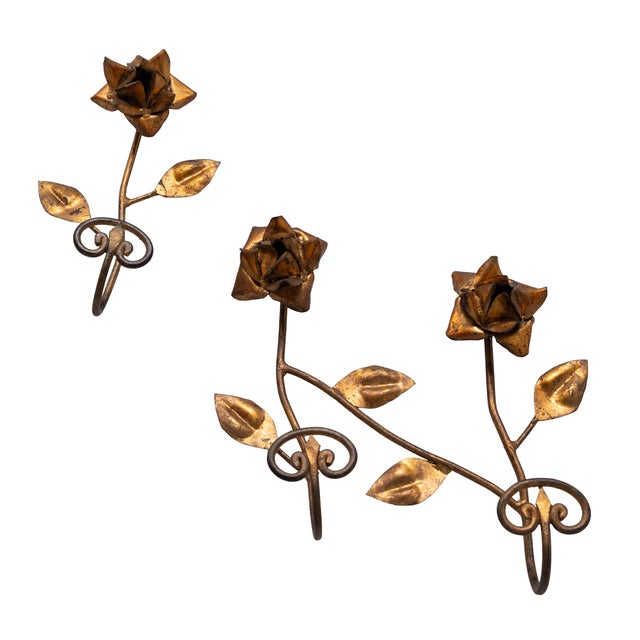 Italian Florentine Gold Gilt Metal Rose Coat Hook Set Tole ware Tole, 1950s .