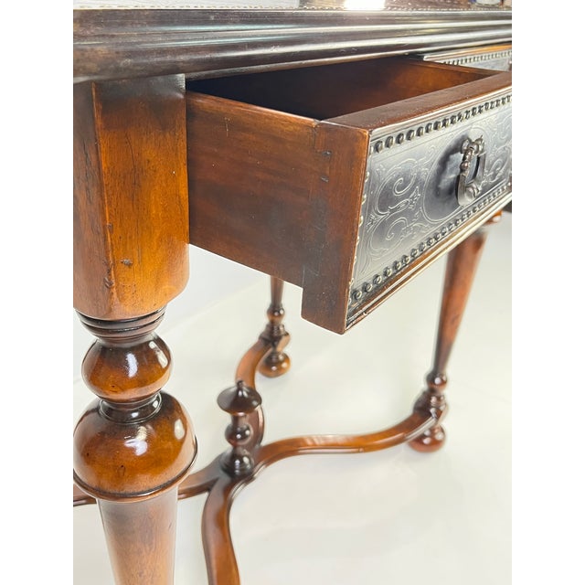 Theodore Alexander Theodore Alexander Attributed "William and Mary Armoury Table" With Engraved Brass Panels For Sale - Image 4 of 13