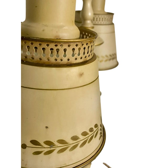 Vintage Cream Tole Double-Arm Table Lamp With Pierced Shades – Hollywood Regency Style For Sale - Image 16 of 18