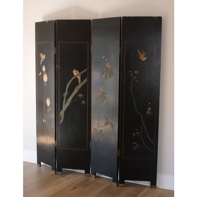 Beautiful vintage Asian 4-panel coromandel screen featuring nature scenes with flower trees and exotic birds. One side has...