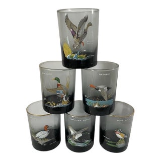 Ned Smith 22k Gold Rim Waterfowl Dof Double Old-Fashioned Glasses, Set of 6 For Sale